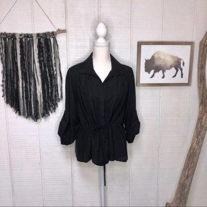 Nurture black silk & linen button up w/ jawstring